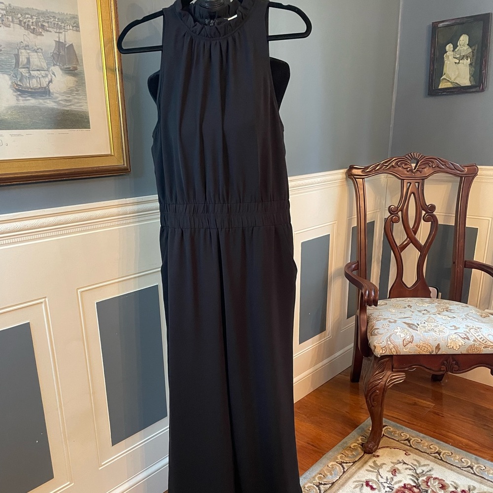 ee:some woman's jumpsuit, classic black, high neckline, elastic waist, LRG